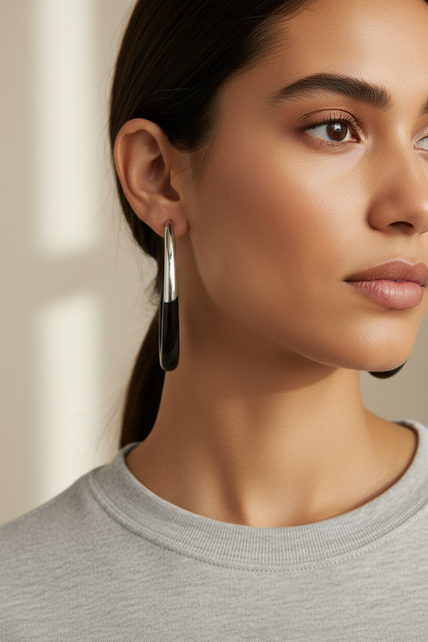 Model draagt lange statement oorbellen