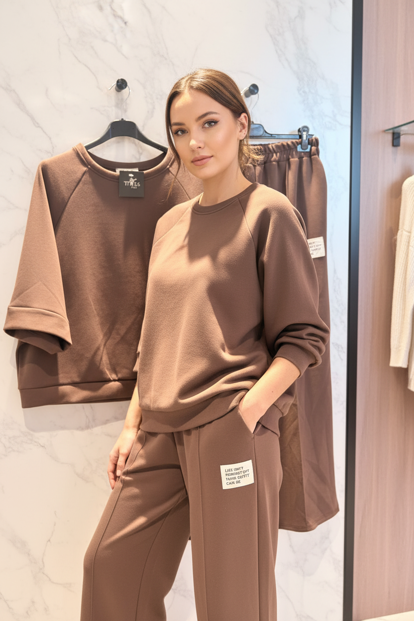 Dame in caramel 2-delige huispak set Times — editorial modelfoto Amazing Wardrobe