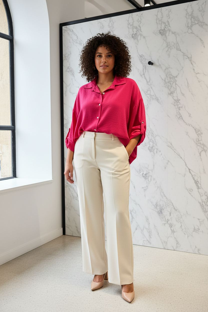 Model draagt de fuchsia plus size Blouse Times met klassieke kraag in een luxe editorial setting