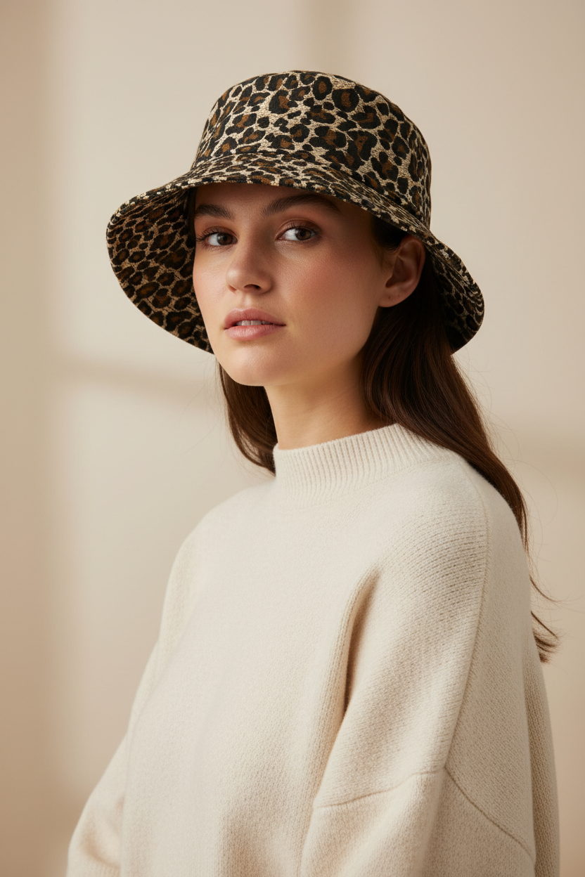 Model draagt bucket hat leopard