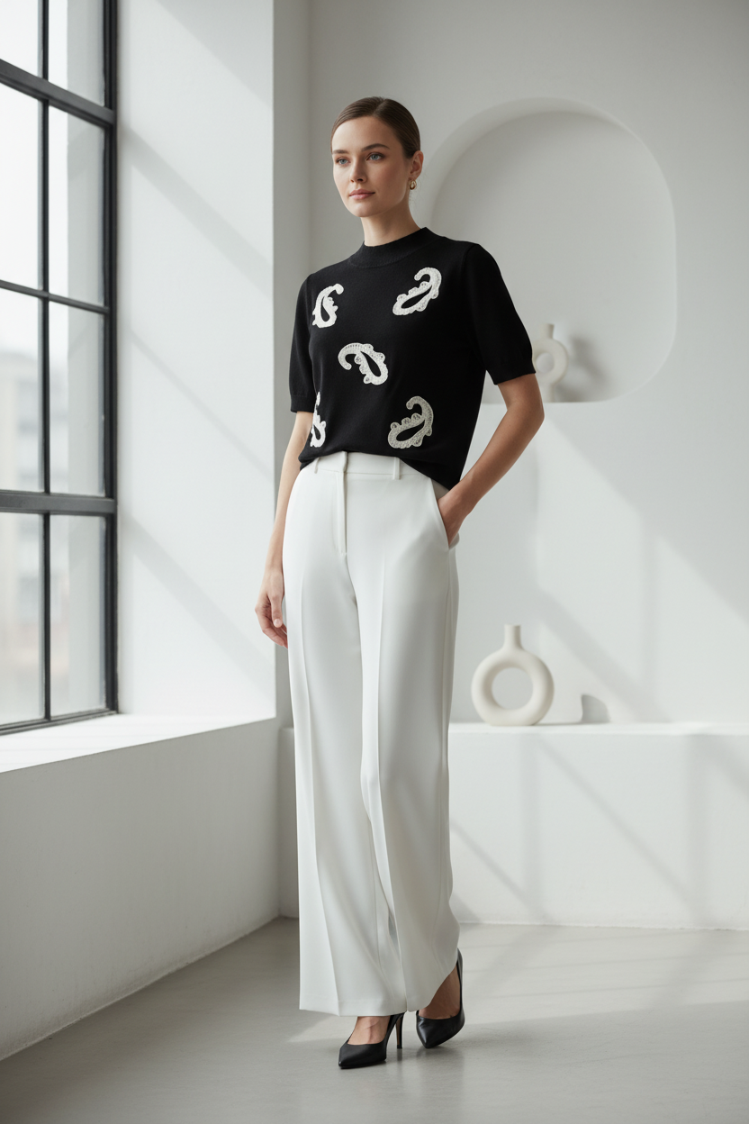 Model draagt black and white top - moderne styling