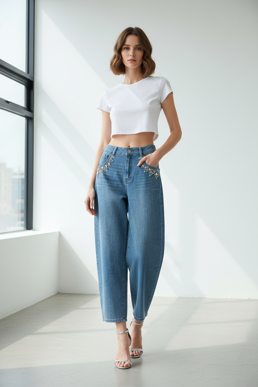 Model in lichtblauwe wide-leg jeans Trendy.ing met strass steentjes langs de zakken, gestileerd met wit crop topje en hakken