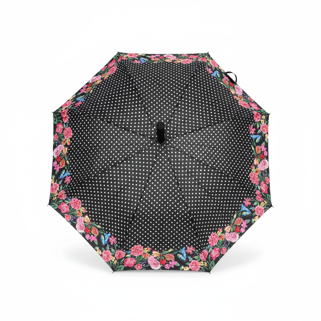 Stormparaplu met vlinders - bovenaanzicht polkadot patroon
