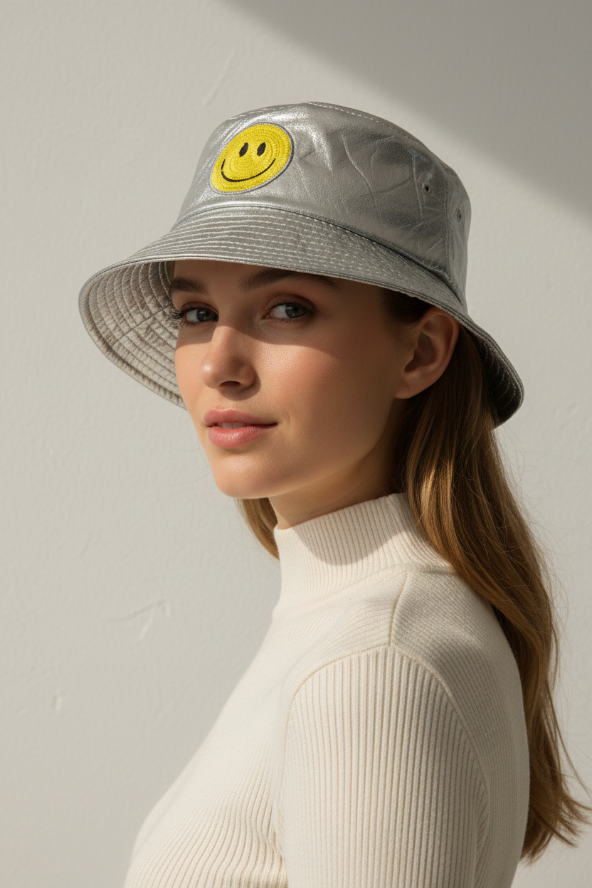 Model draagt bucket hat smiley