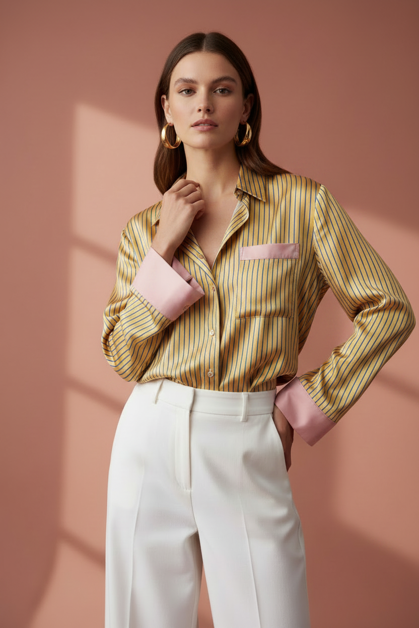 Model in Blouse Musy Muse geel met fijne blauwe strepen en roze details — editorial stijl