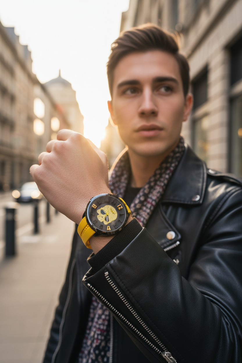 VIVE Skull Horloge - Geel met Kristallen Skull