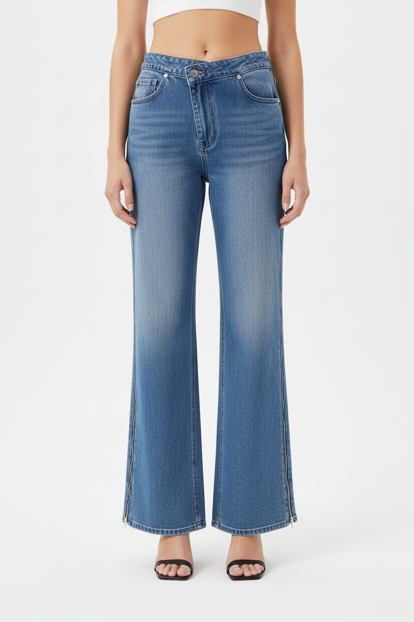 Model draagt denim jeans met zip-up details - catalogusfoto