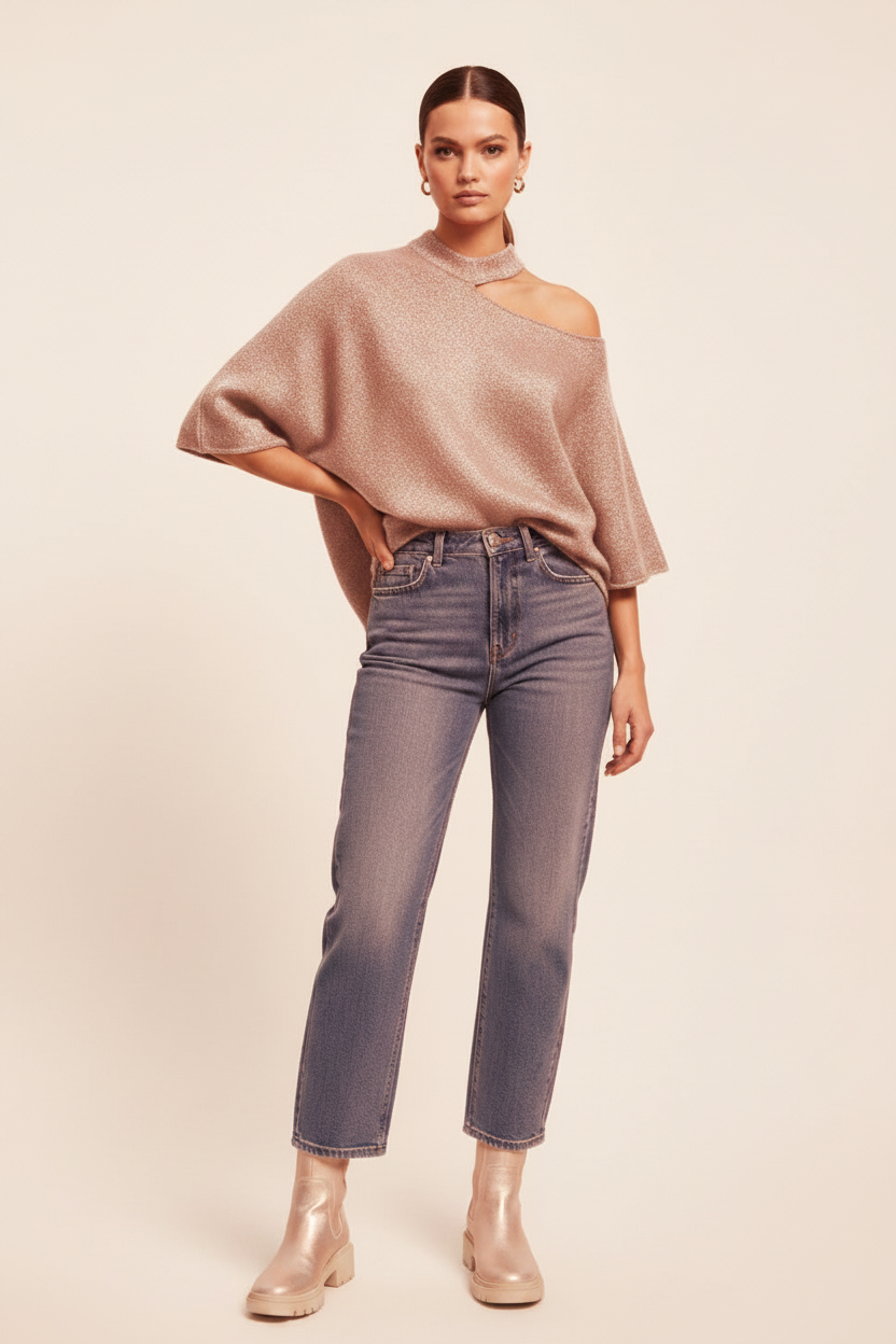 Model in L'Essentiel Oversized Knit open schouder - editorial stijl
