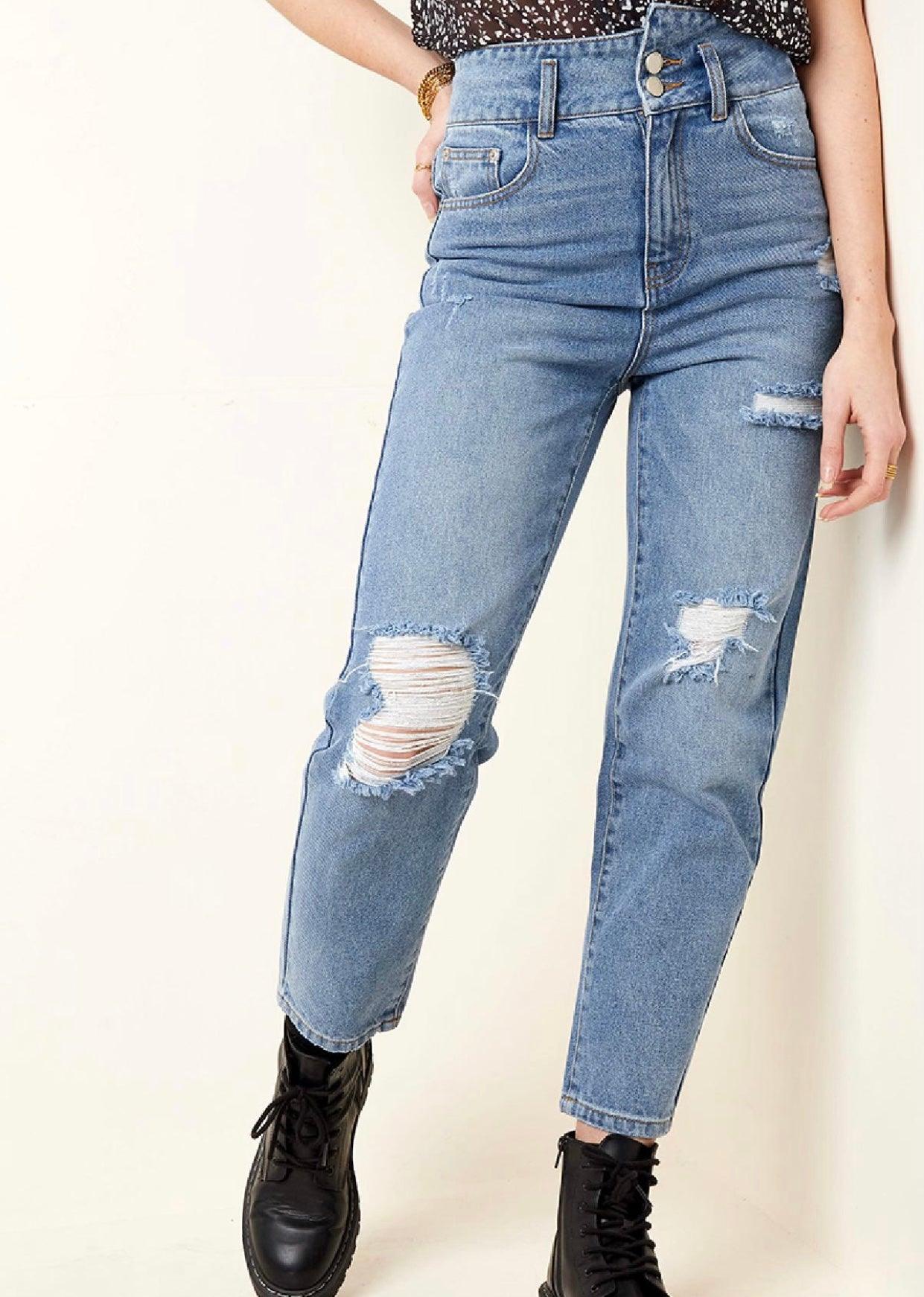 Enkellange versleten jeans met hoge taille - Amazing wardrobe