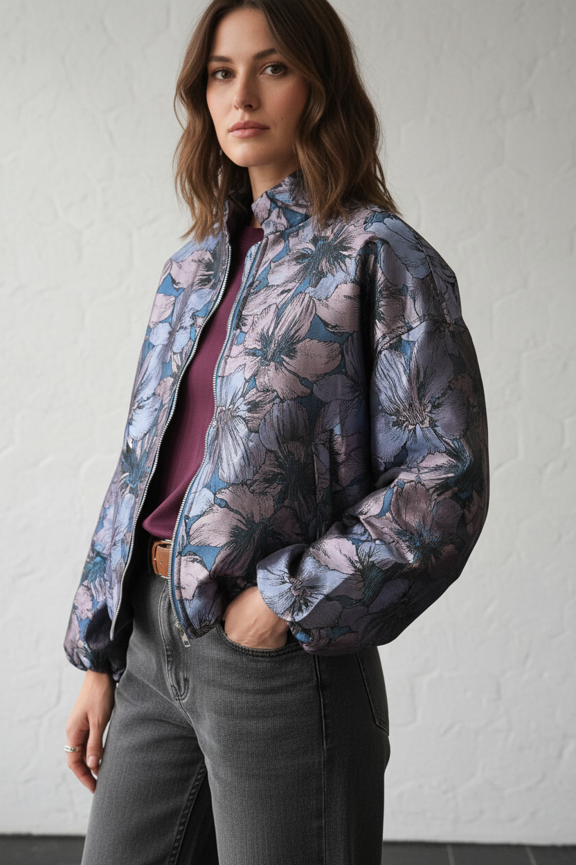 Model draagt Gimme jacquard jacket met bloemen - stijlvolle outfit