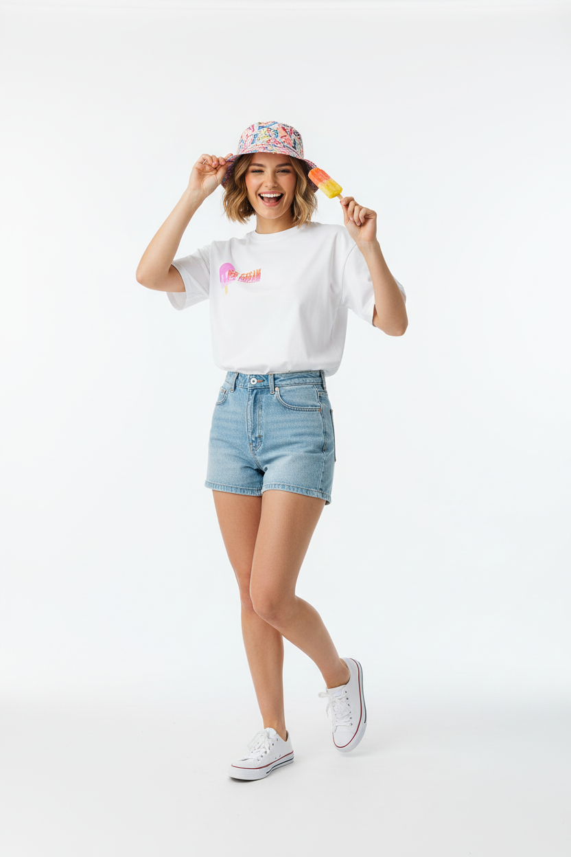 Model draagt icecream t-shirt - speelse zomerse look