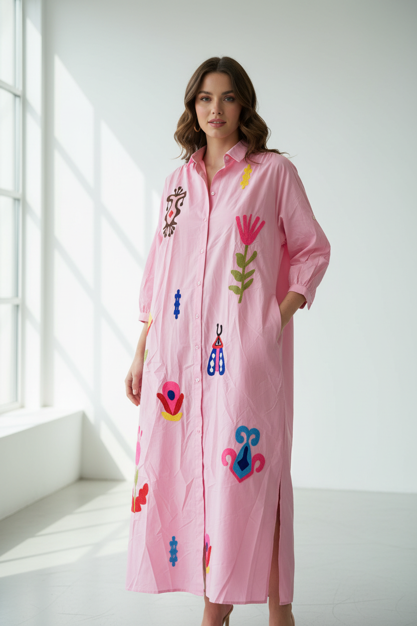 Model in roze maxi-blousejapon met kleurrijke geborduurde bloemen en lieveheersbeestje - Inspiration Studio