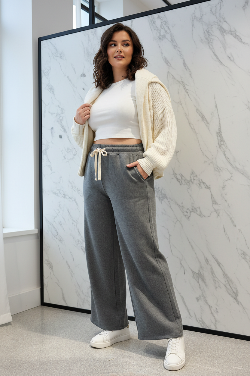 Model draagt de grijze plus size wide-leg Sportbroek Mooij in een casual chic editorial setting