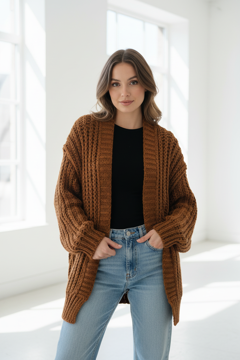 Model draagt roestbruin grofgebreid open vest Ambika