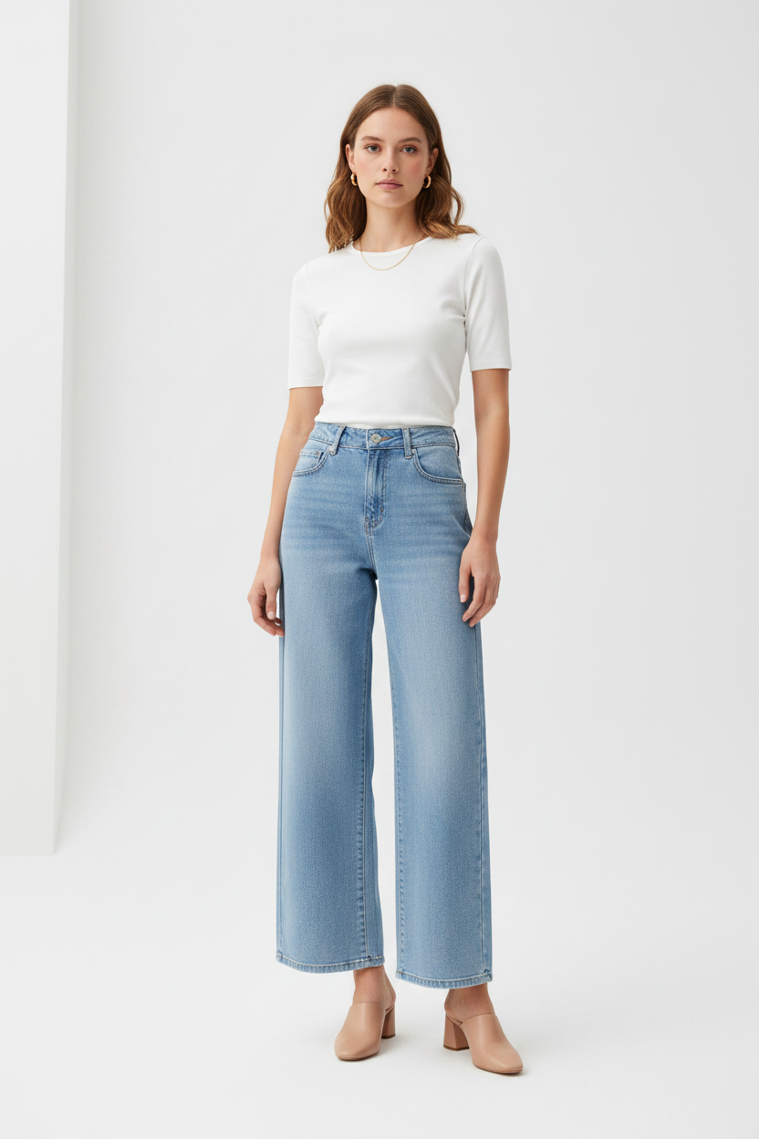 Model in lichtblauwe wide-leg jeans Goodies met wit topje en nude mules