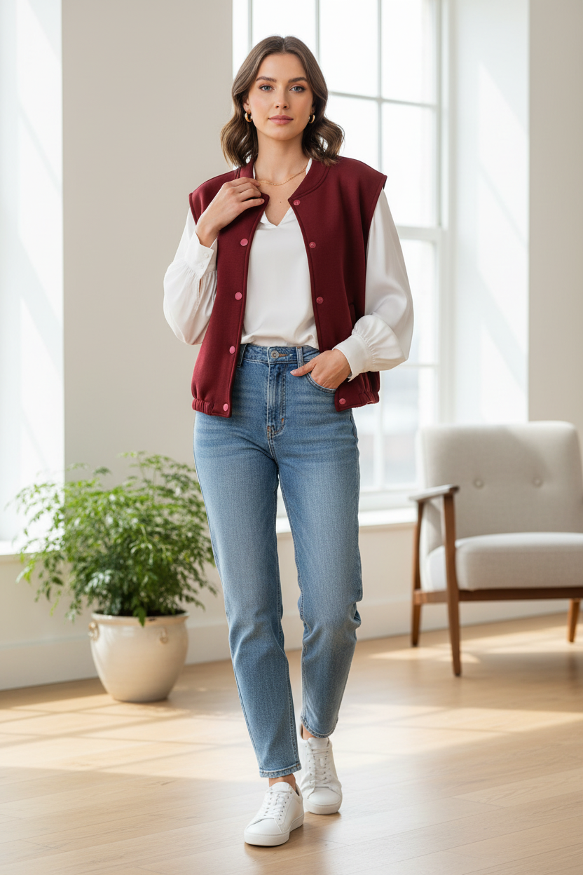 Model draagt Just Woman mouwloos vest - layering styling