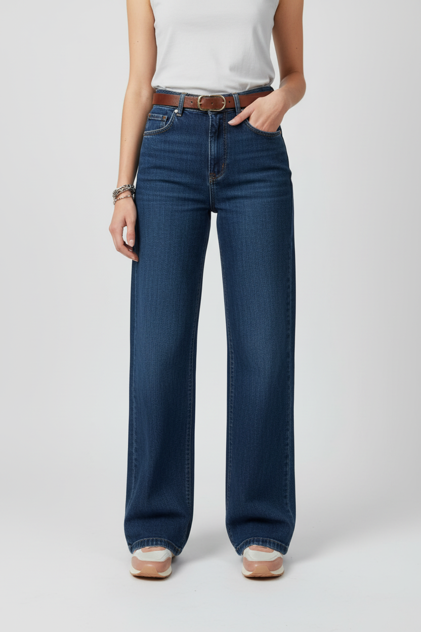 Model draagt Oraije Paris high waist wide leg jeans - catalogusfoto