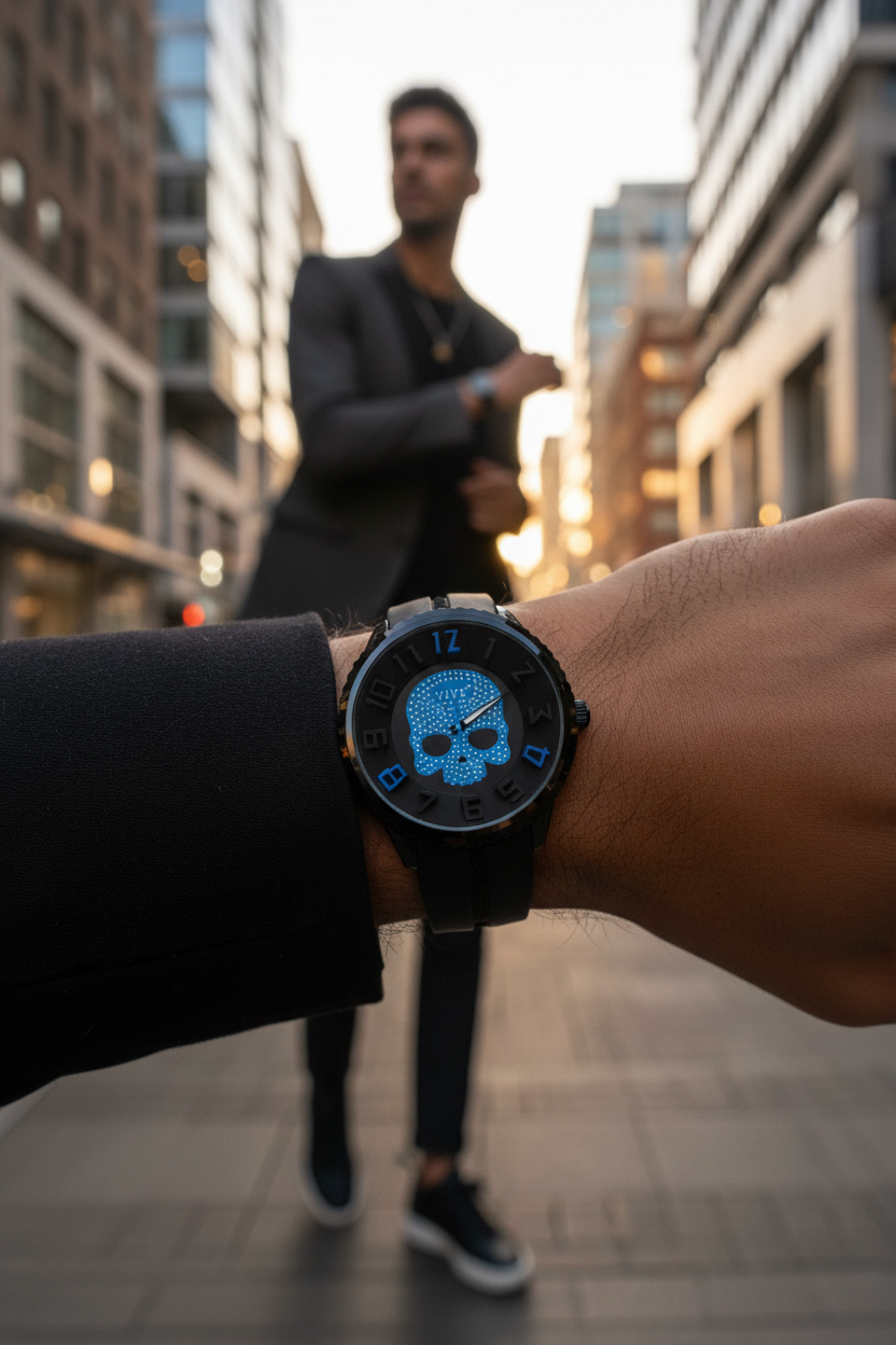 VIVE Skull Horloge - Blauw met Kristallen Skull