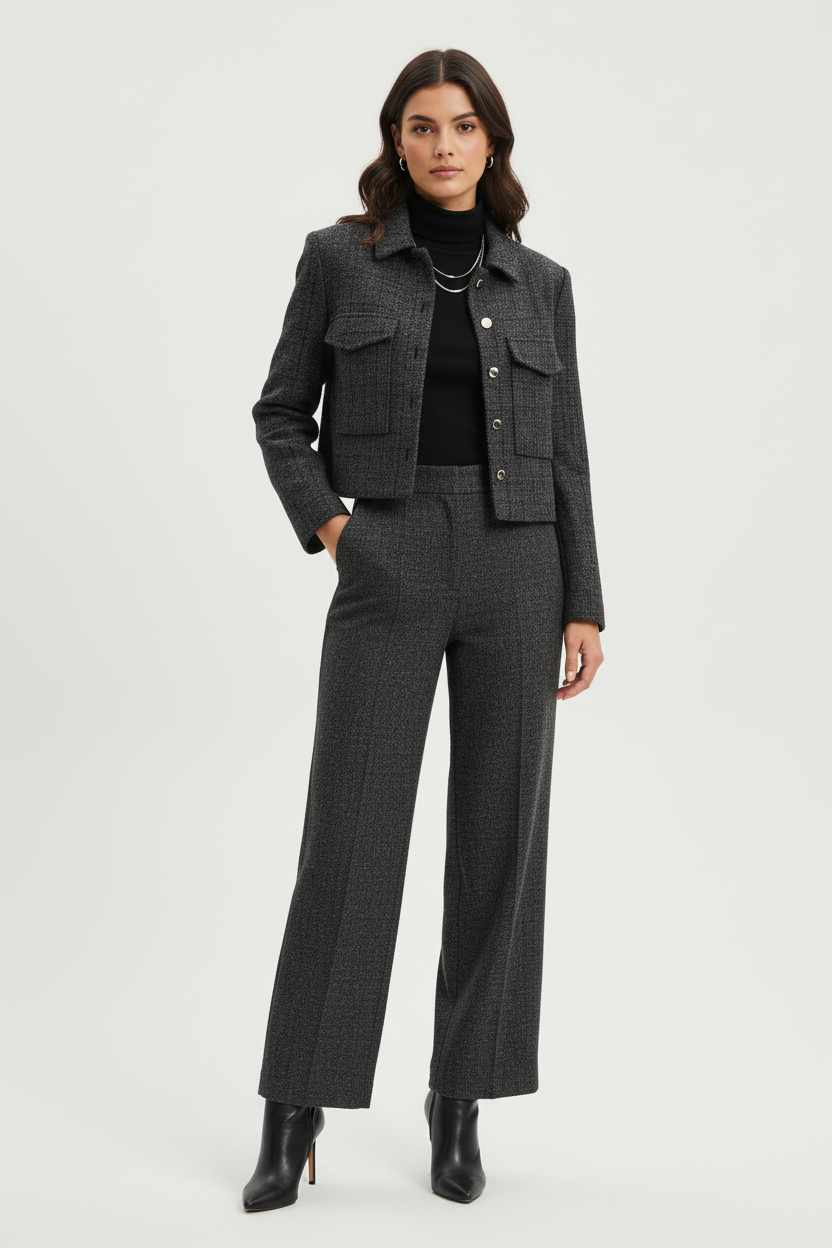 Model draagt elegante coat jacket - chique winterlook