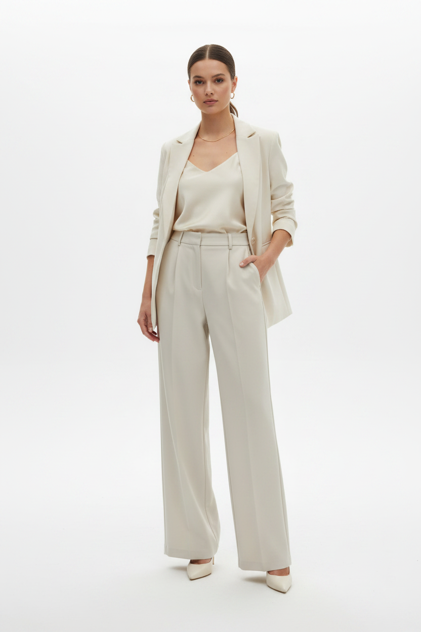 Model draagt off-white geklede brede broek Folyrose