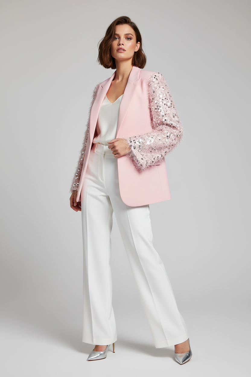 Model draagt Gimme fluffy sparkle blazer pink - detail