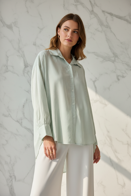 Model in Blouse Rosy Days lichtgroen gestreept oversized — editorial stijl