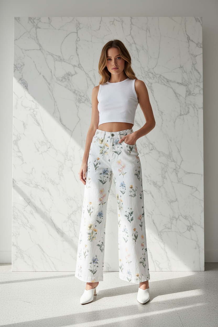 Jeans Ad'oro Floral — witte wide-leg jeans met pastel bloemenprint gedragen door model
