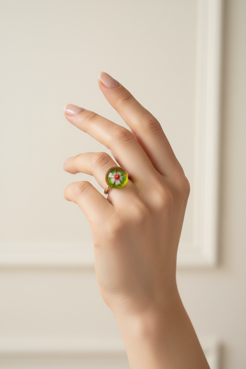 Model draagt Woodstock glazen ring