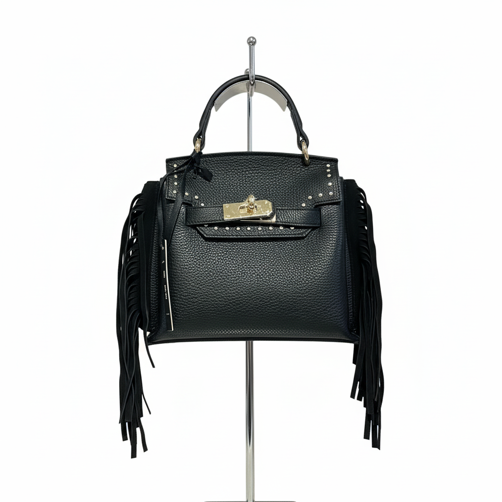 zwart lederen minibag Miss-terre met franjes - professionele productfoto