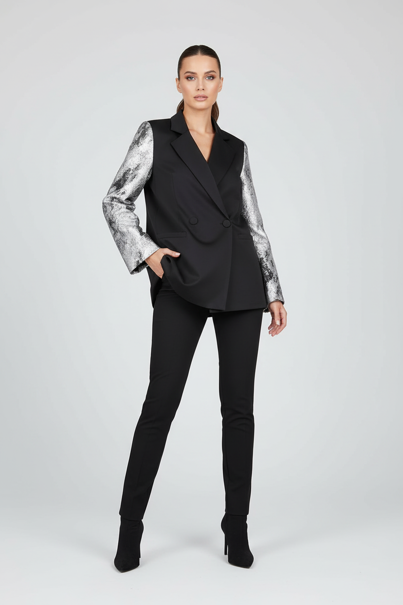 Model draagt Gimme zwarte blazer met grijze jacquard mouwen - elegante look