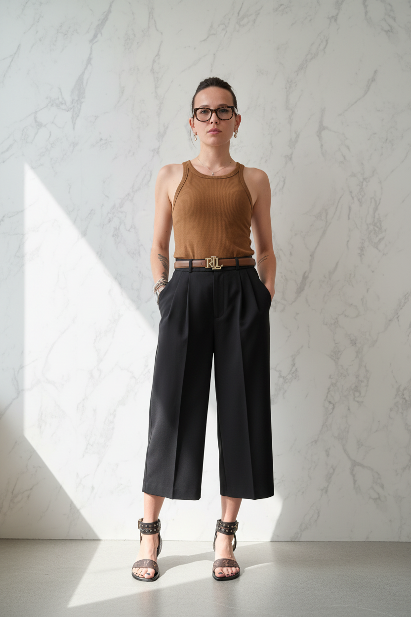 Model draagt de camel geribbelde Top Sweewe, gestijld met wijde zwarte broek in een premium editorial setting