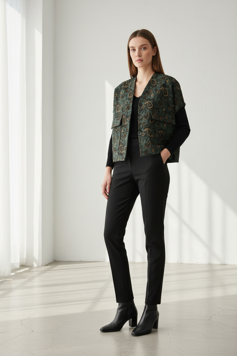 Model in donkergroen paisley jacquard vest Just Woman, gestileerd met zwarte broek en enkellaarzen