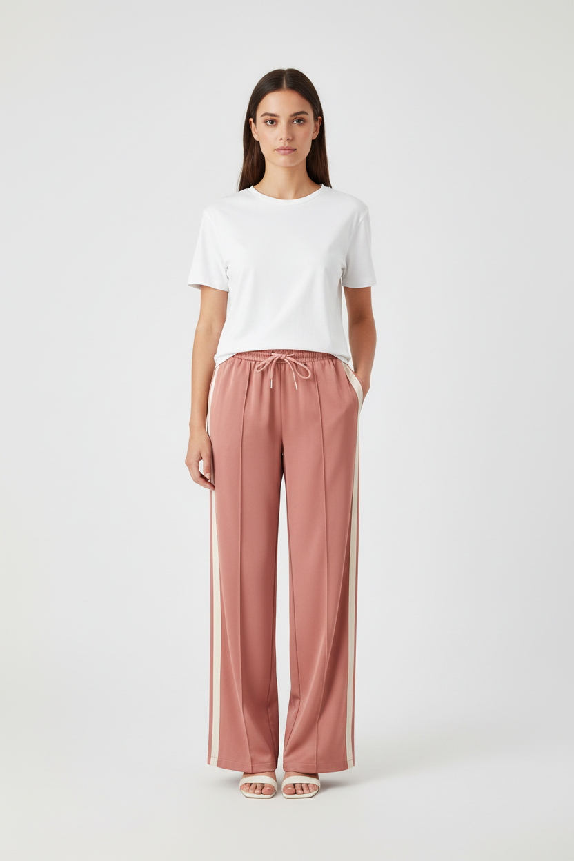 Model draagt satijnen broek met strepen - andere hoek