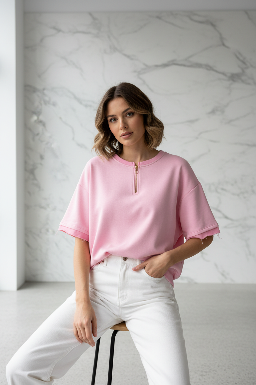 Model draagt de roze oversized Sweater Mooij met korte mouwen en gouden rits in een casual chic editorial setting