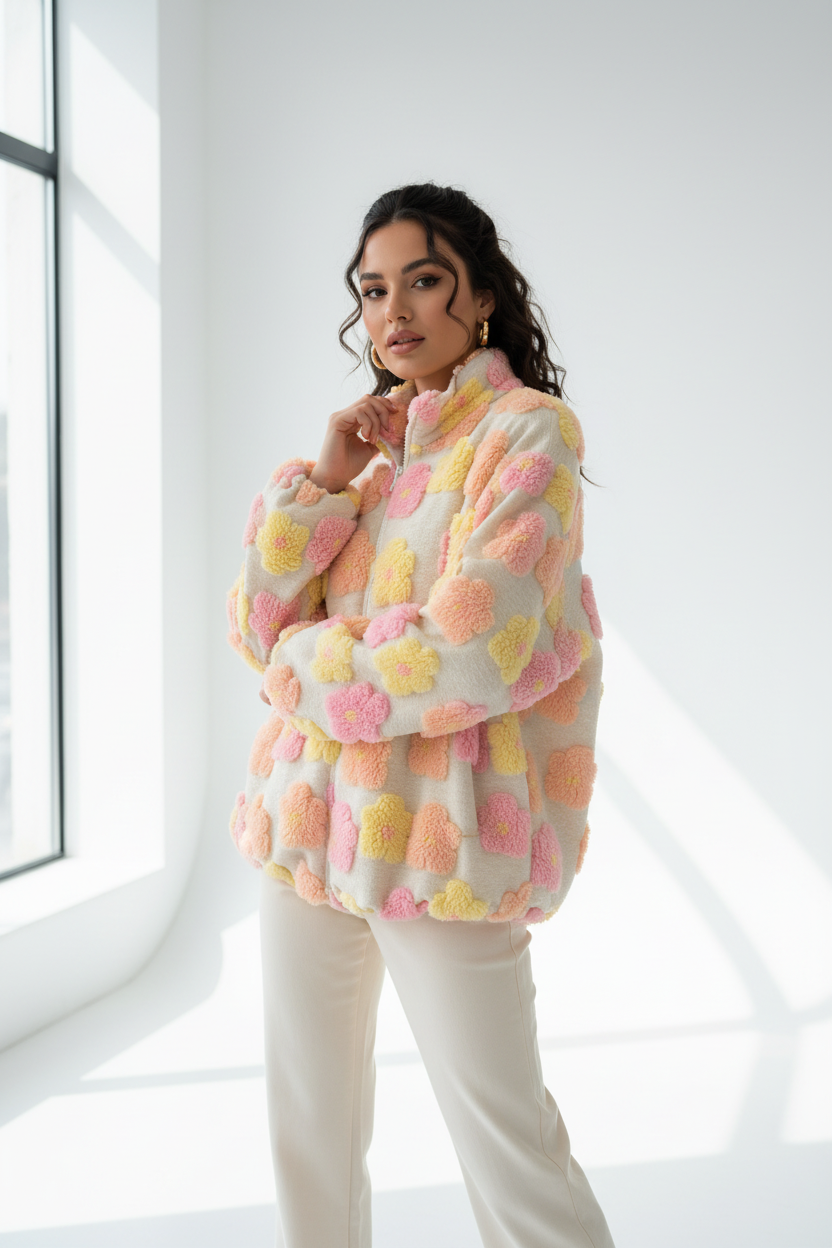 Model draagt gebloemde fluffy vest AMY&CLO met 3D bloemenprint in pastelkleuren geel roze oranje