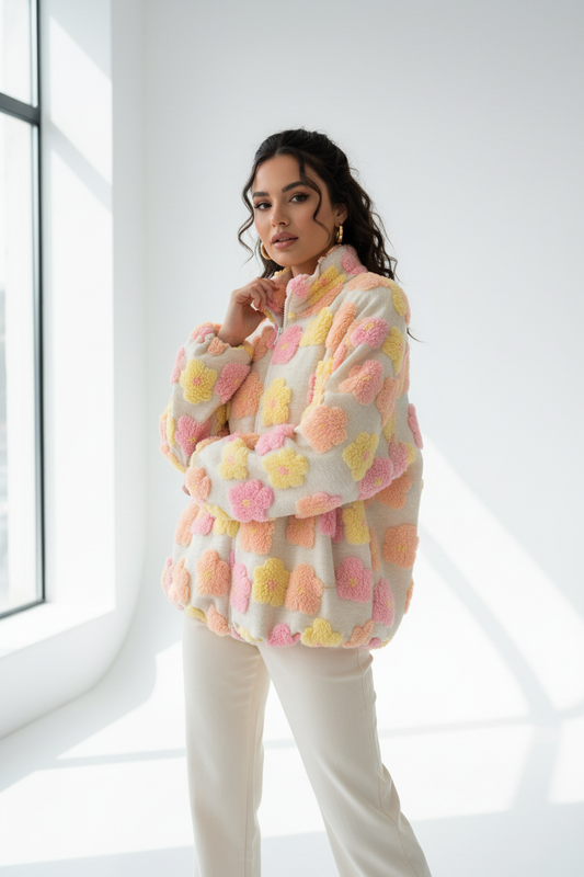 Model draagt gebloemde fluffy vest AMY&CLO met 3D bloemenprint in pastelkleuren geel roze oranje