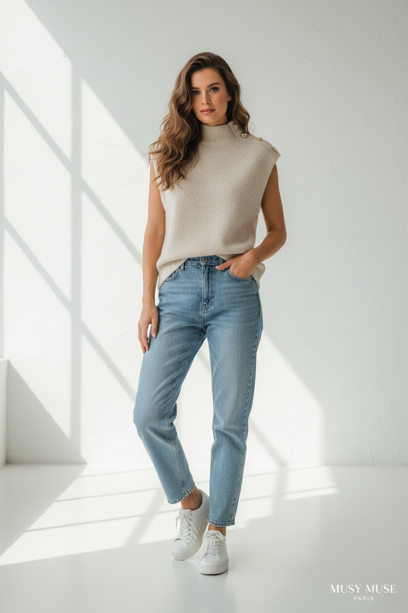 Model draagt beige debardeur - casual styling met jeans