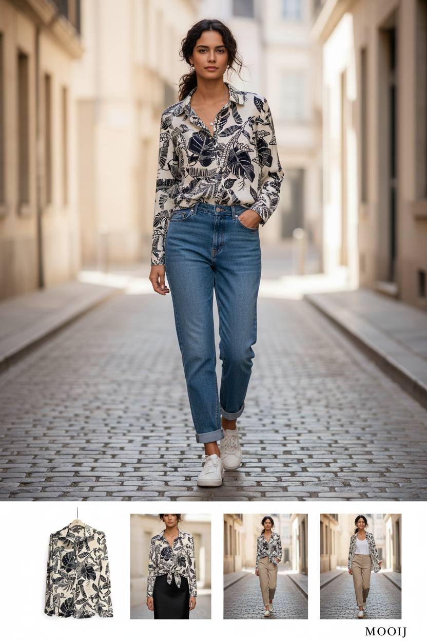 Model draagt Mooij blouse - casual styling