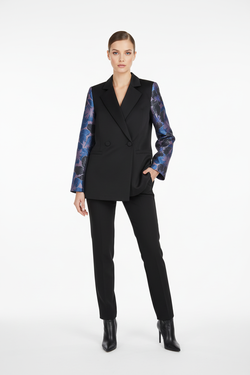 Model draagt Gimme zwarte blazer met blauwe jacquard mouwen - elegante look