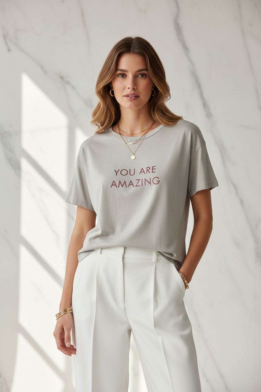 Model in T-shirt You Are Amazing grijs beige met bordeaux glitter tekst — editorial stijl