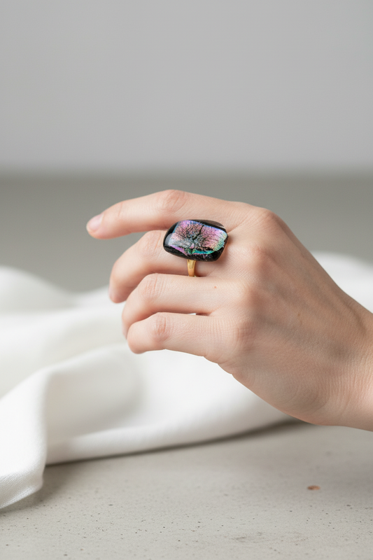 Grimelda handgemaakte verstelbare glazen ring - lifestyle shot