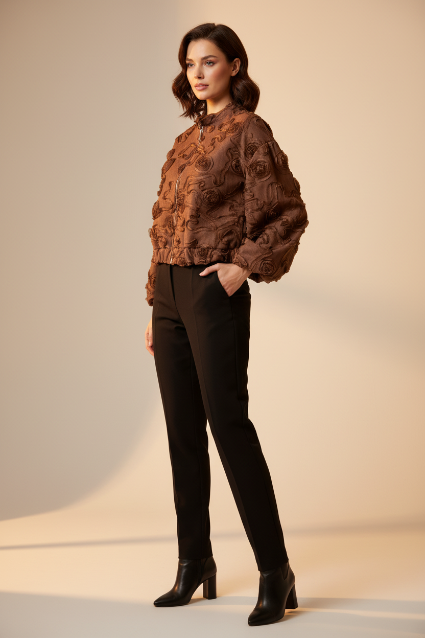 Model draagt Just Woman vest met lange mouwen - stijlvolle outfit