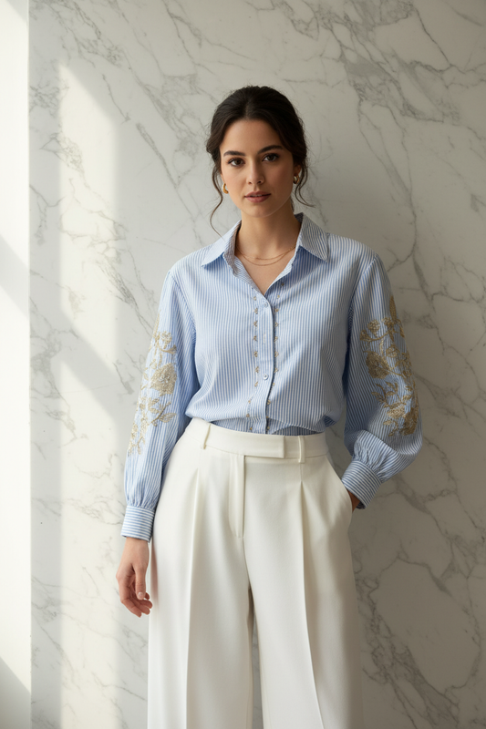 Model draagt de lichtblauwe gestreepte Blouse JS Millenium met gouden bloemborduursel in een luxe editorial setting