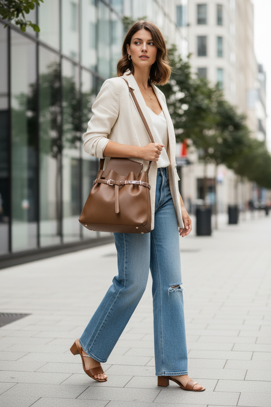 Bruine PU ledere handtas met pochette lifestyle shot