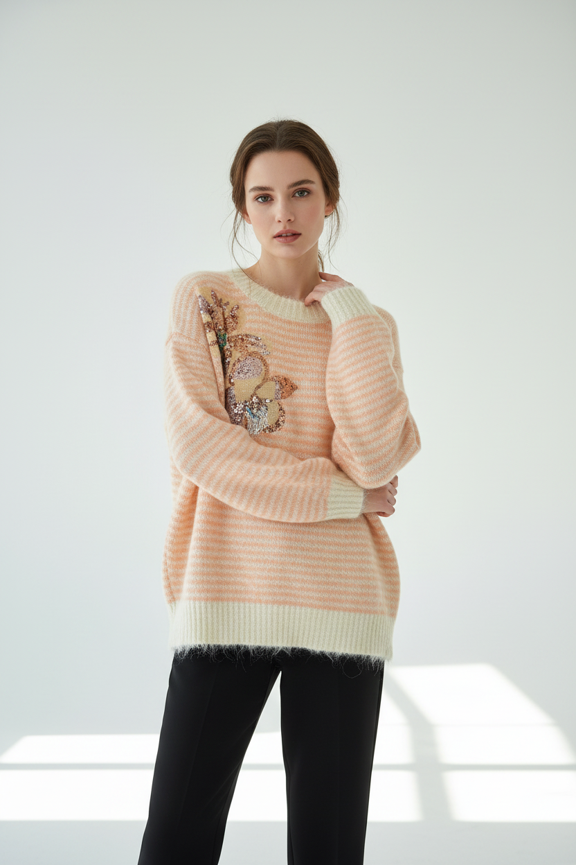 Model draagt roze fluffy trui JS Millenium met gouden pailletten bloem en franjes