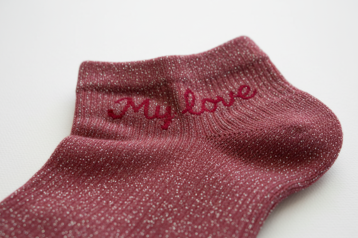 Close-up detail My Love sneakersokken glitter design