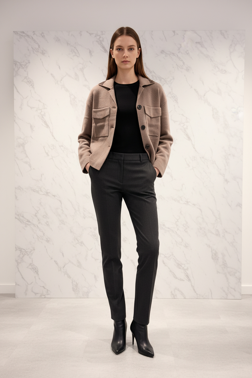 Vest C&S in camel gedragen door een model, editorial stijl