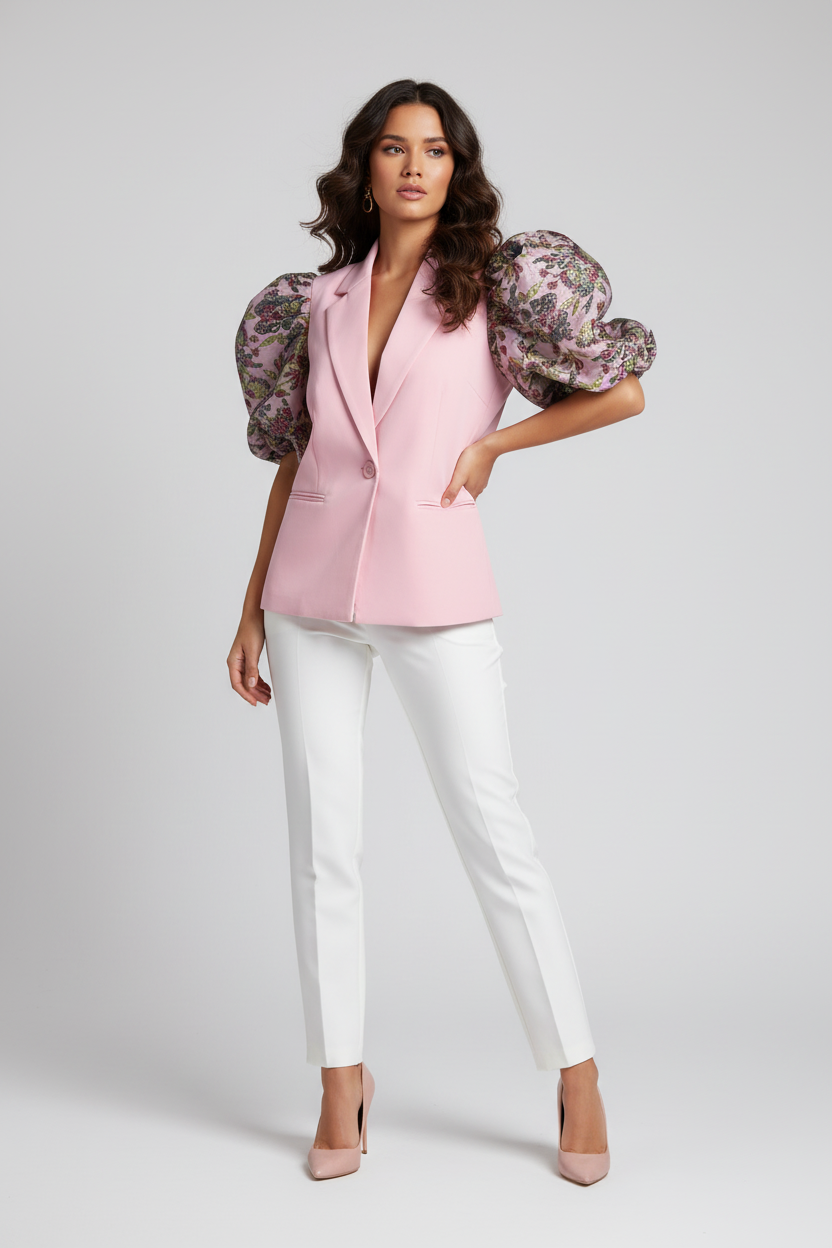 Model draagt roze flower bomb blazer - detail bloemenprint