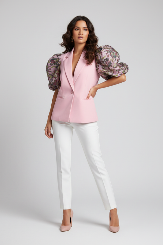 Model draagt roze flower bomb blazer - detail bloemenprint