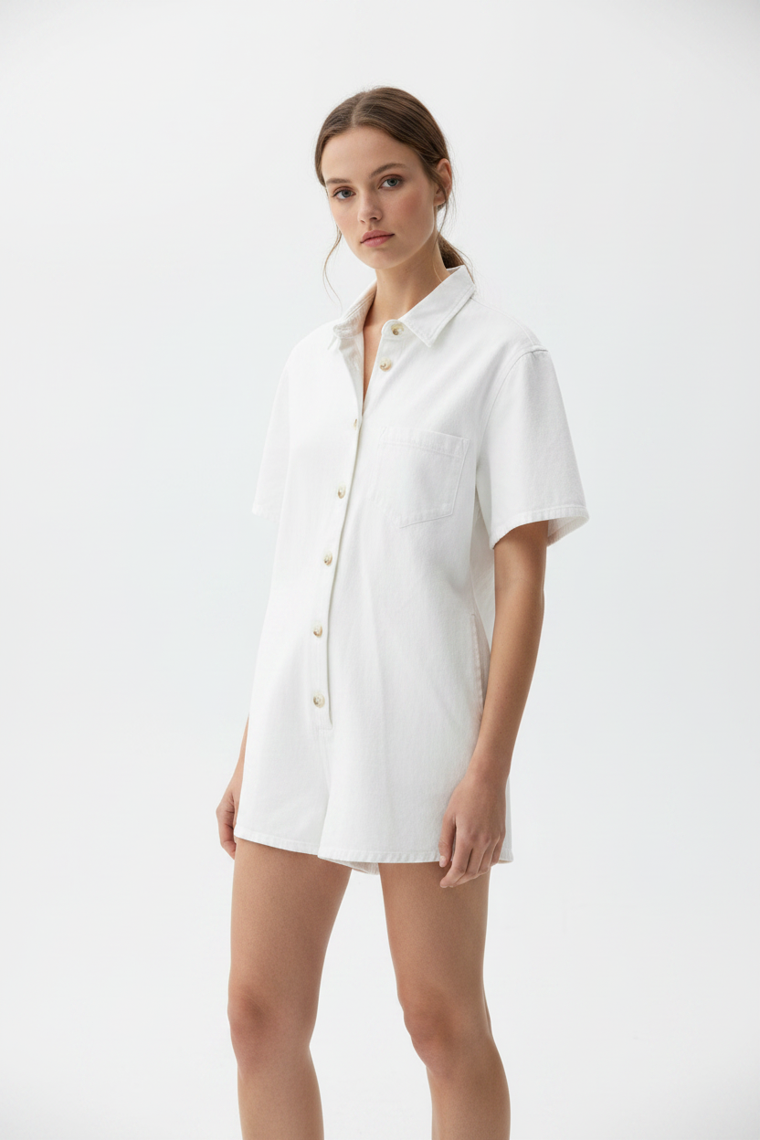 Model in witte gewassen denim playsuit Feelkoo - Amazing Wardrobe
